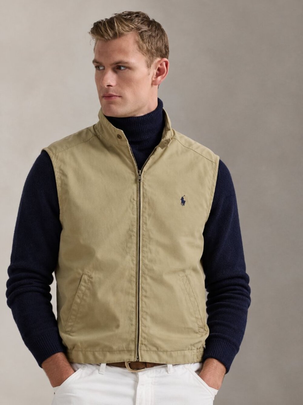 Polo Ralph Lauren Men's Khaki Vest Full Zip Navy Lined Classic Preppy Size L